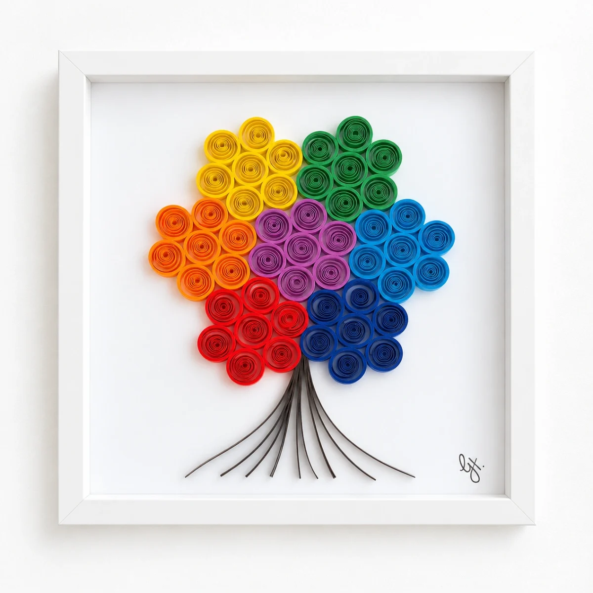 Chakra Tree 02 quilled tree with rainbow chakra-coloured coils in a white frame