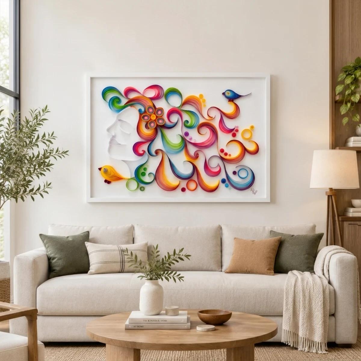 Colourful Expression quilled portrait artwork hanging above a sofa