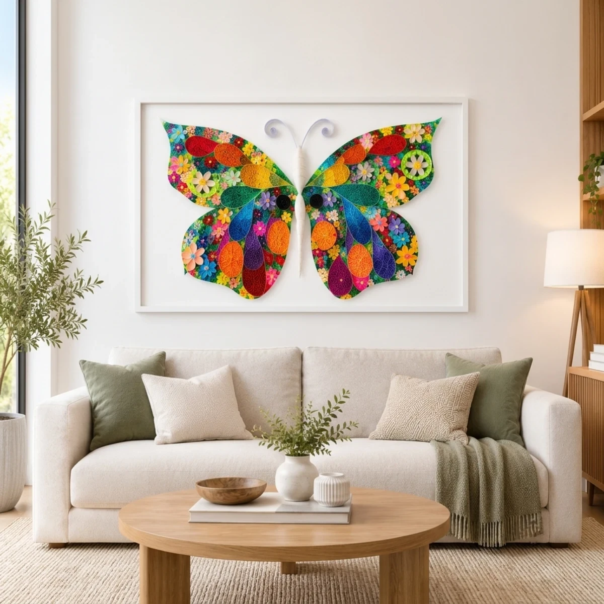 Fly Away quilled butterfly artwork hanging above a sofa