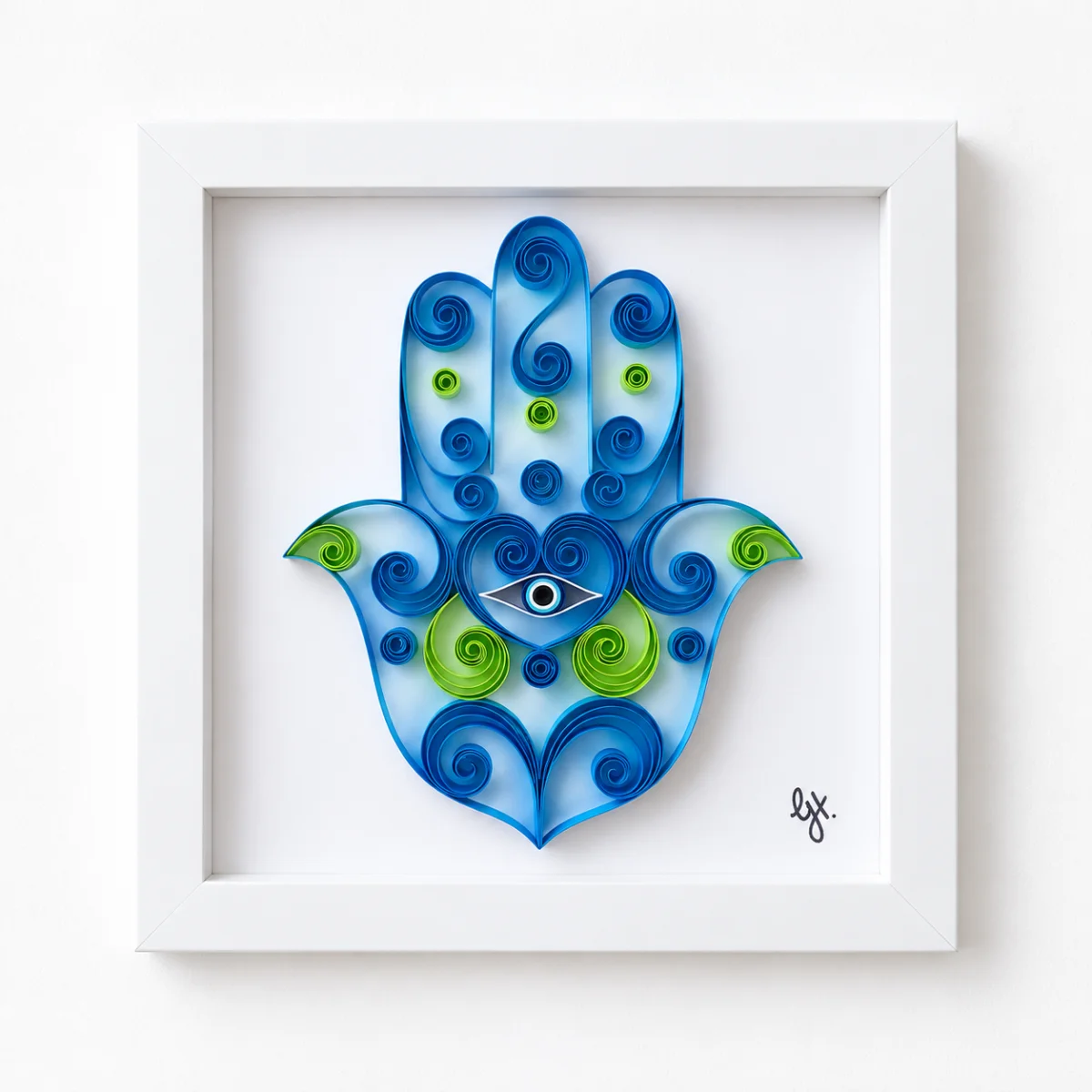 Hand of Protection quilled Hamsa in blue and lime, white shadowbox frame