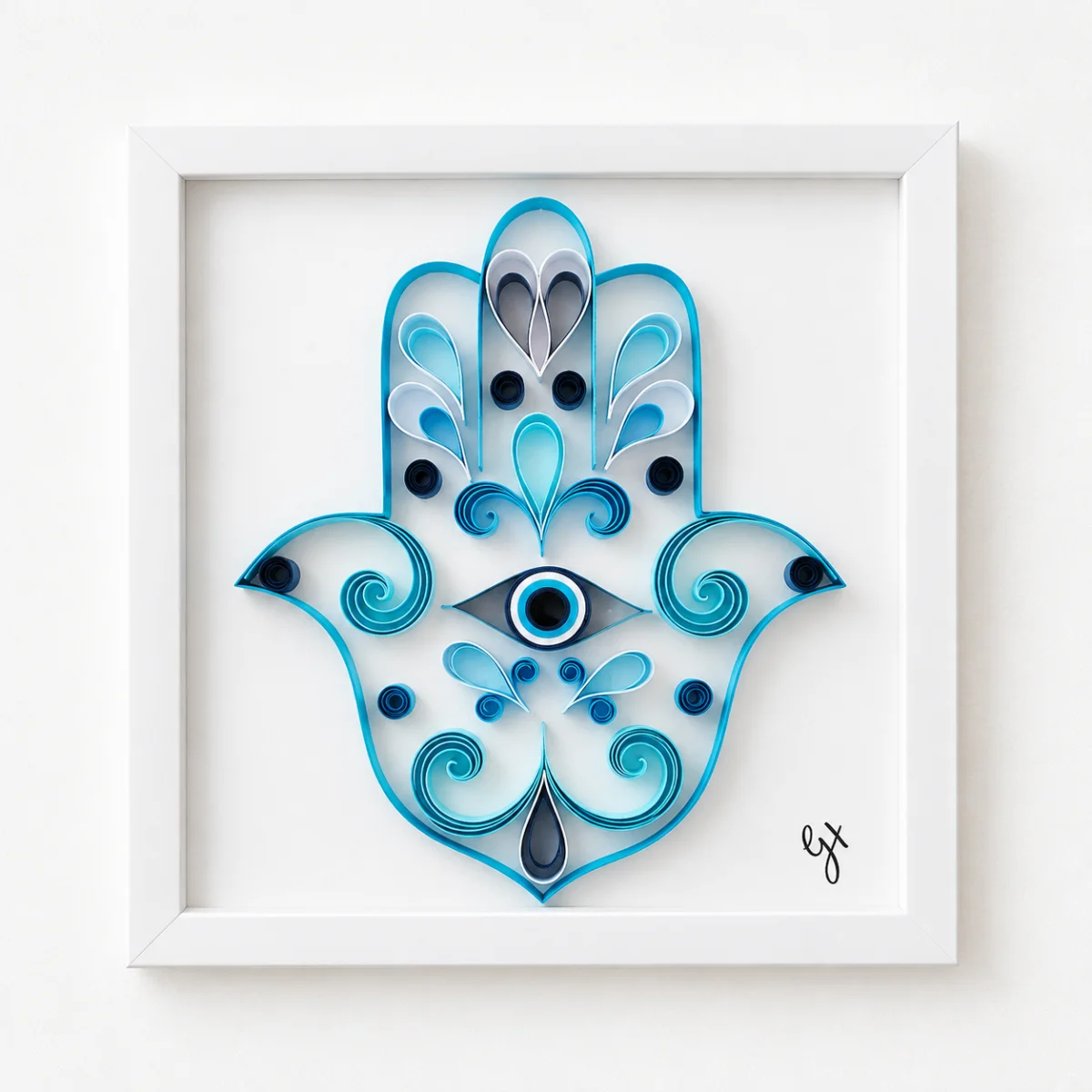 Hand of Protection quilled Hamsa in blue, white shadowbox frame