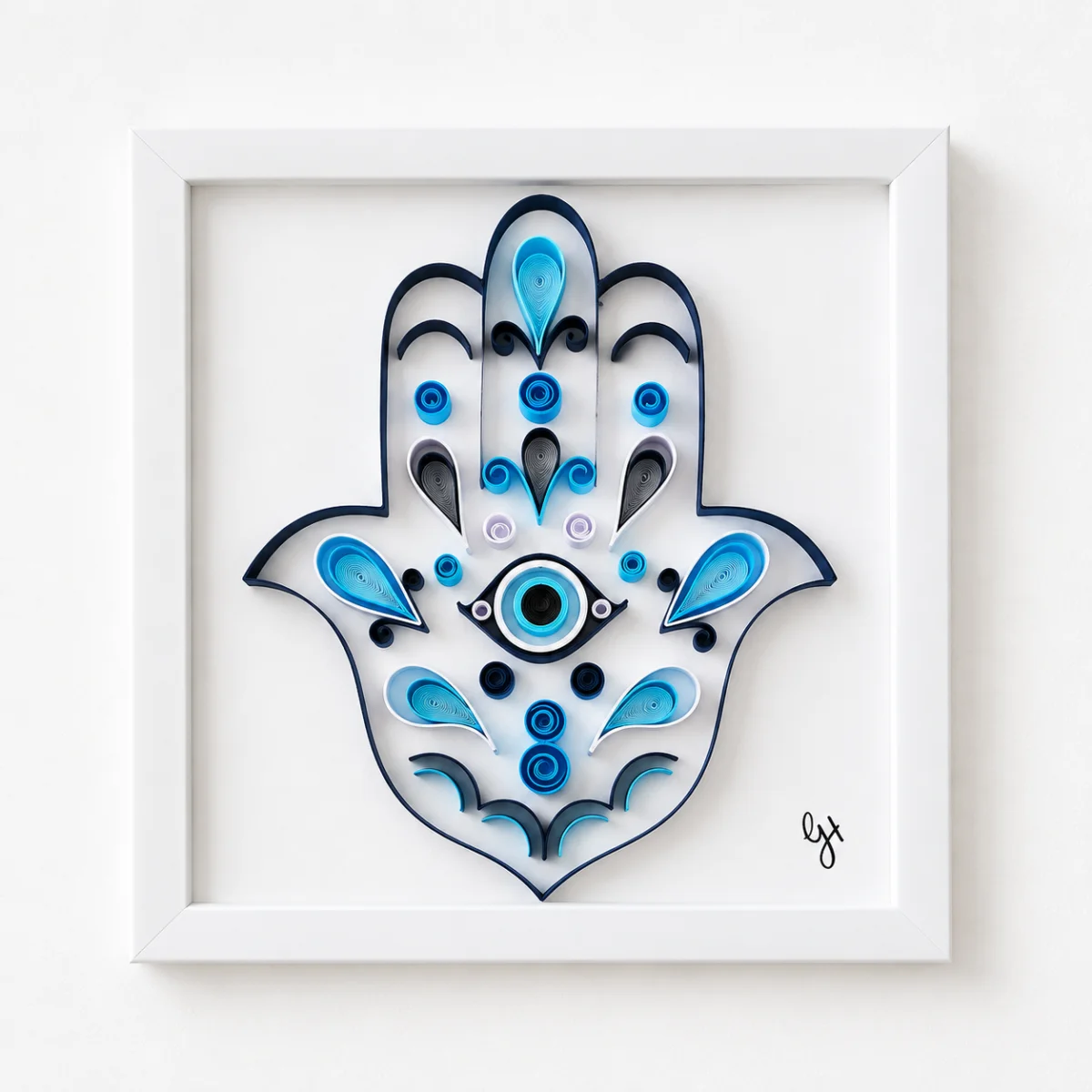 Hand of Protection quilled Hamsa in navy, white shadowbox frame
