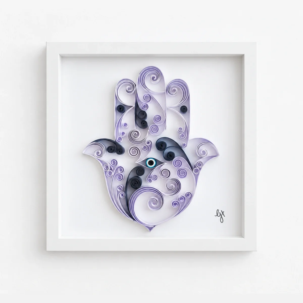 Hand of Protection quilled Hamsa in white and navy, white shadowbox frame