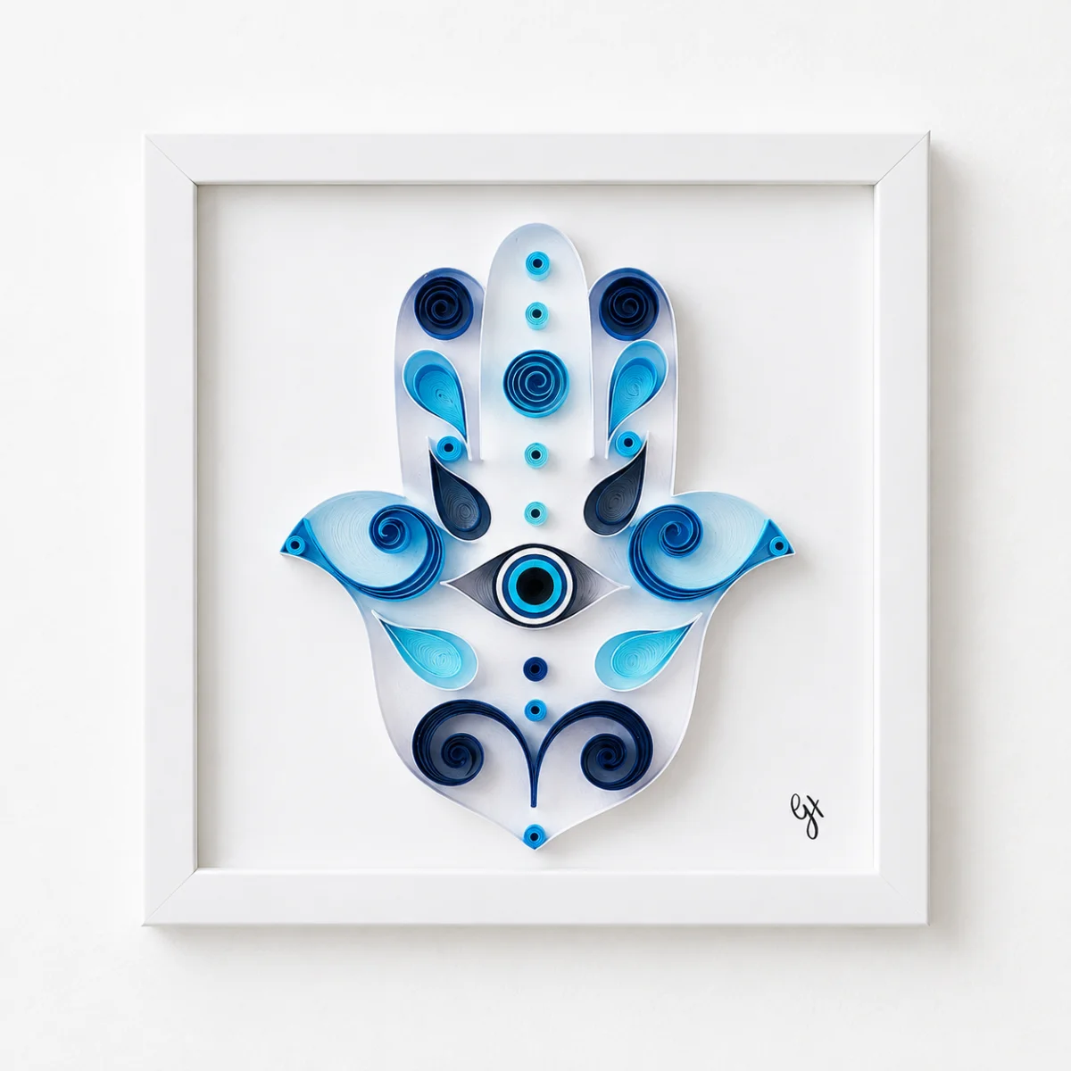 Hand of Protection quilled Hamsa in white, white shadowbox frame