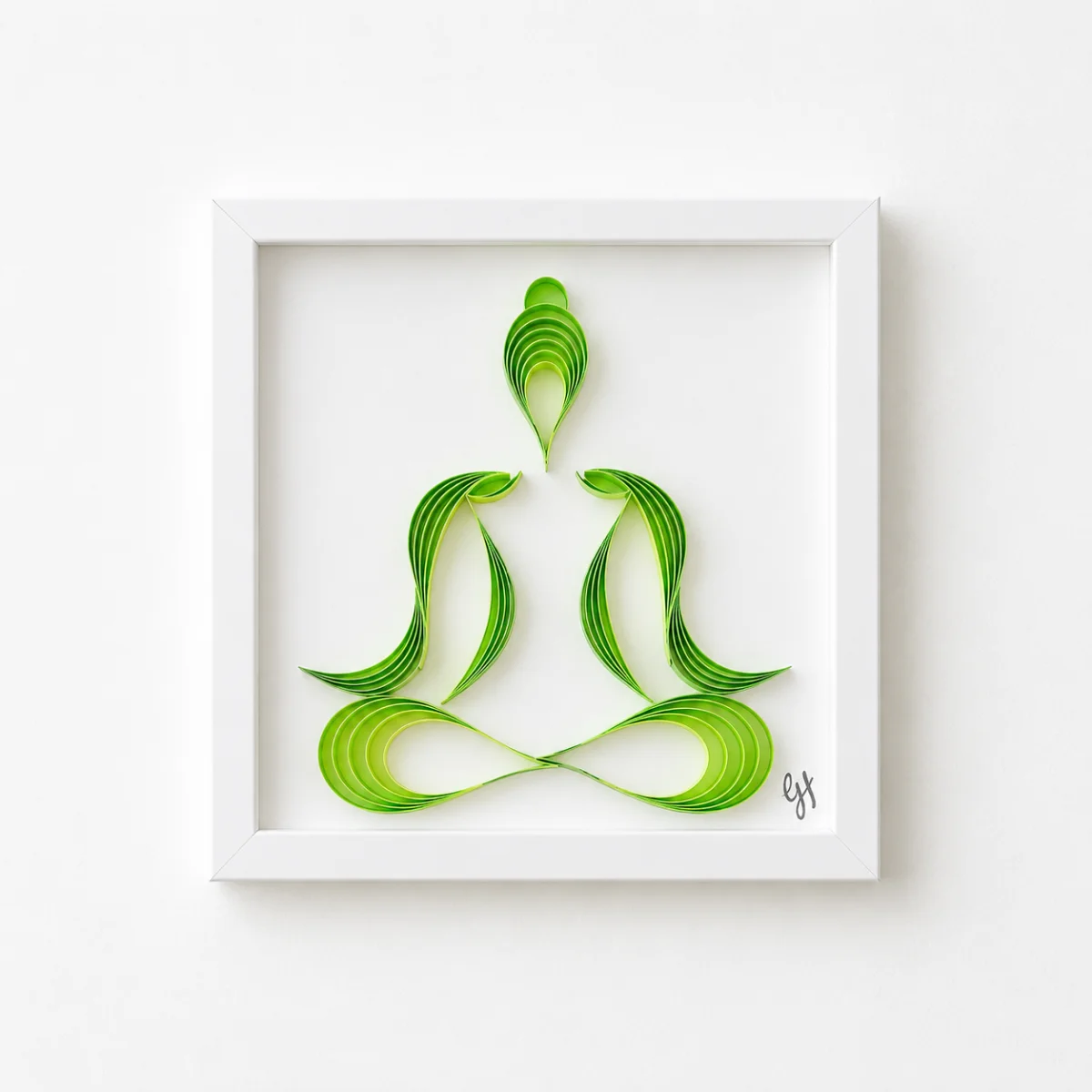In Balance quilled yoga pose in lime green, white shadowbox frame