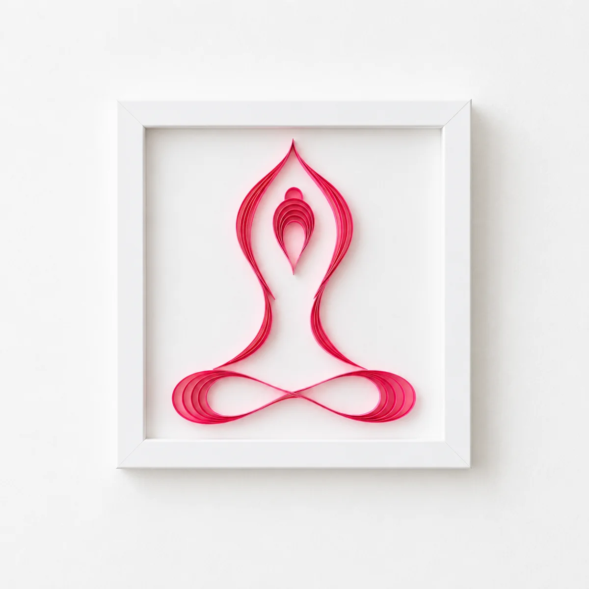 In Balance quilled yoga pose in pink, white shadowbox frame