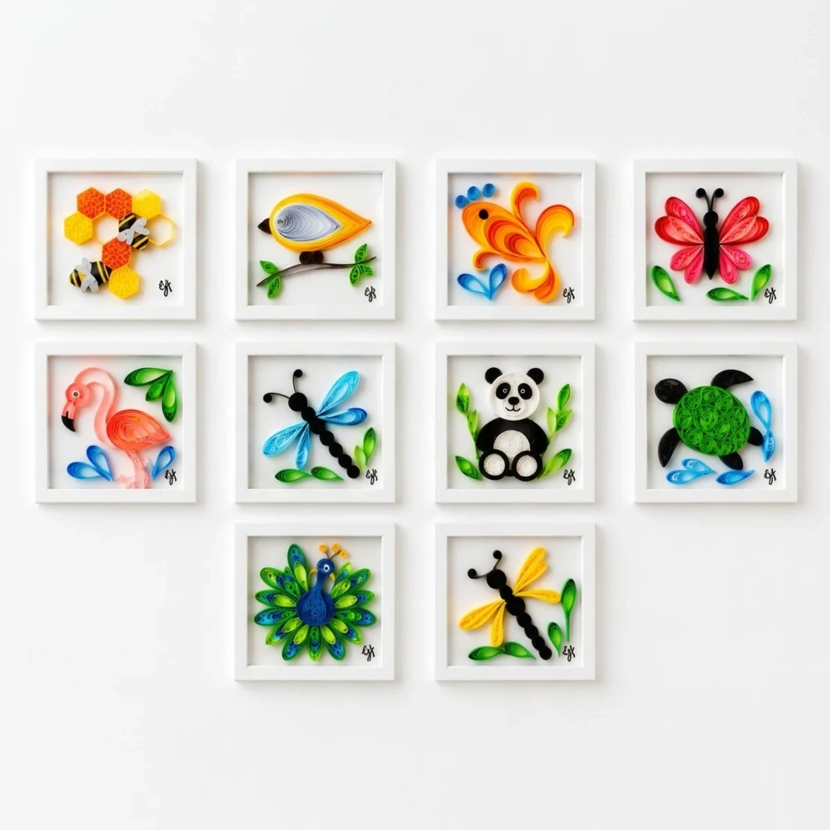 Little Creatures collection of mini quilled animals in white frames