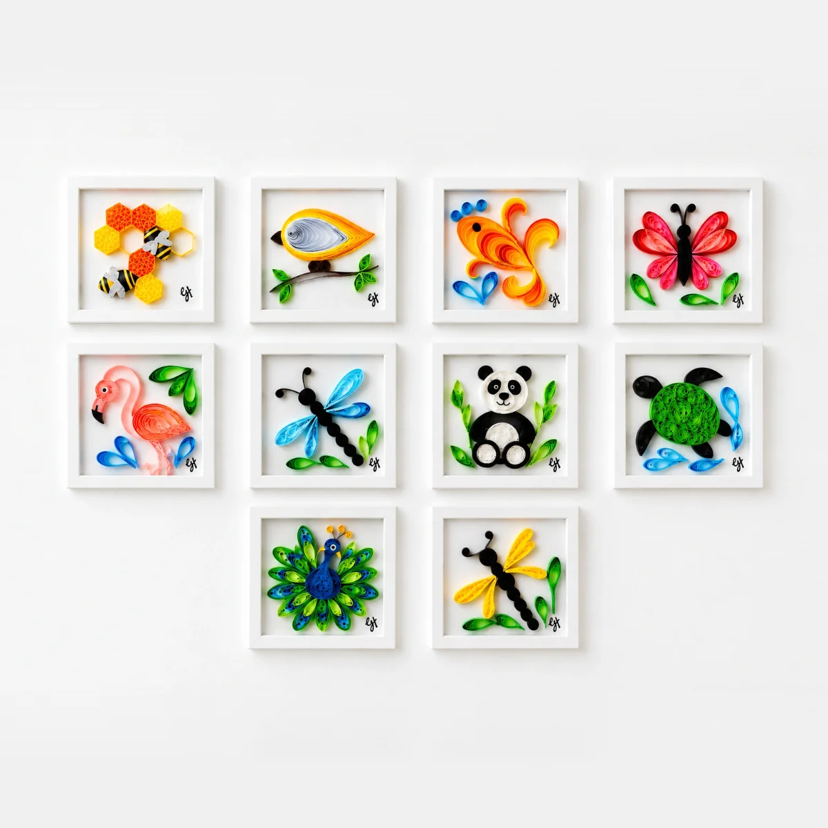 Little Creatures collection of mini quilled animals in white frames