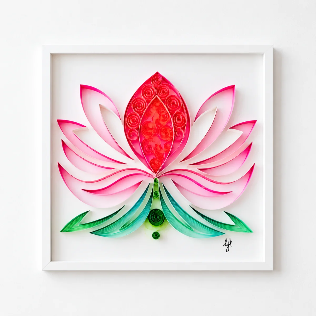 Luminous Lotus quilled lotus flower in pink, white shadowbox frame