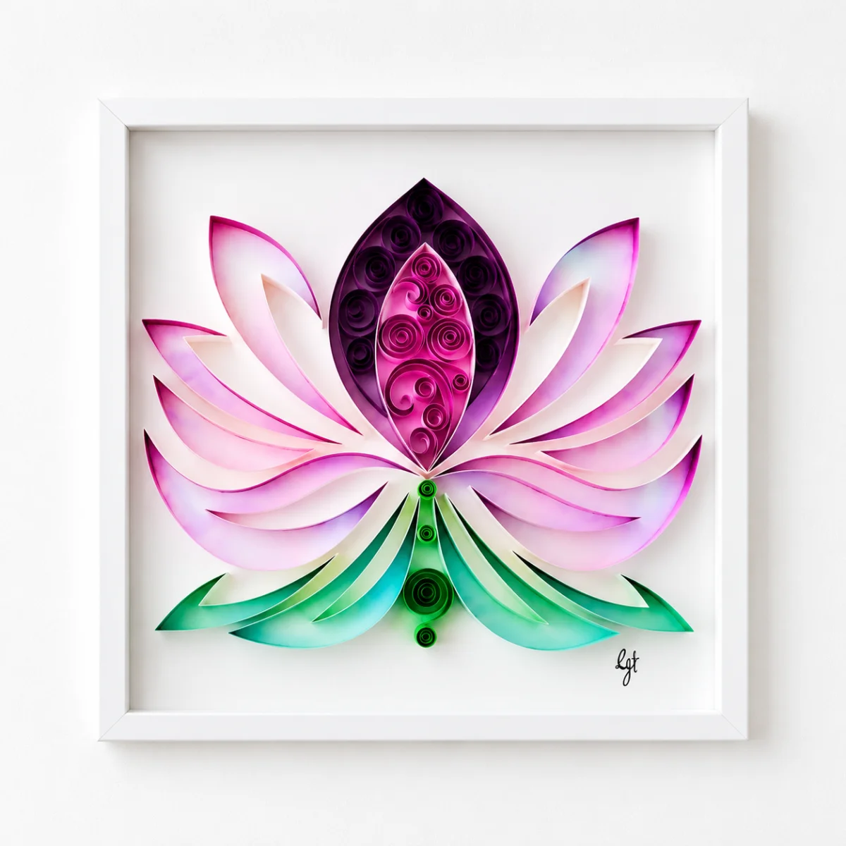 Luminous Lotus quilled lotus flower in purple, white shadowbox frame