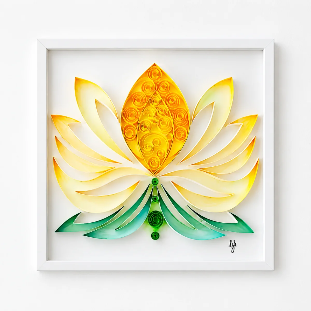 Luminous Lotus quilled lotus flower in yellow, white shadowbox frame
