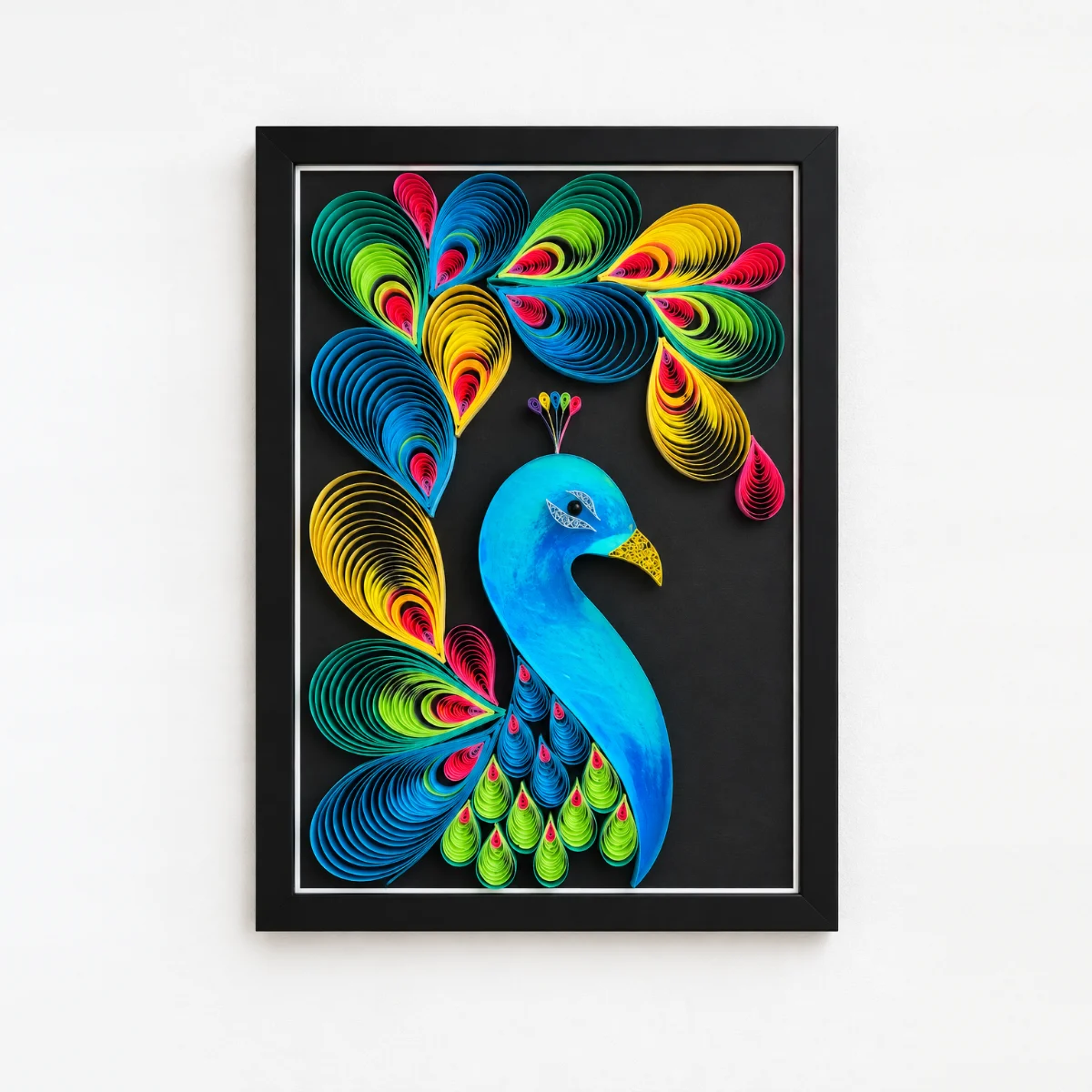 Majestic Peacock quilled peacock artwork in a black frame