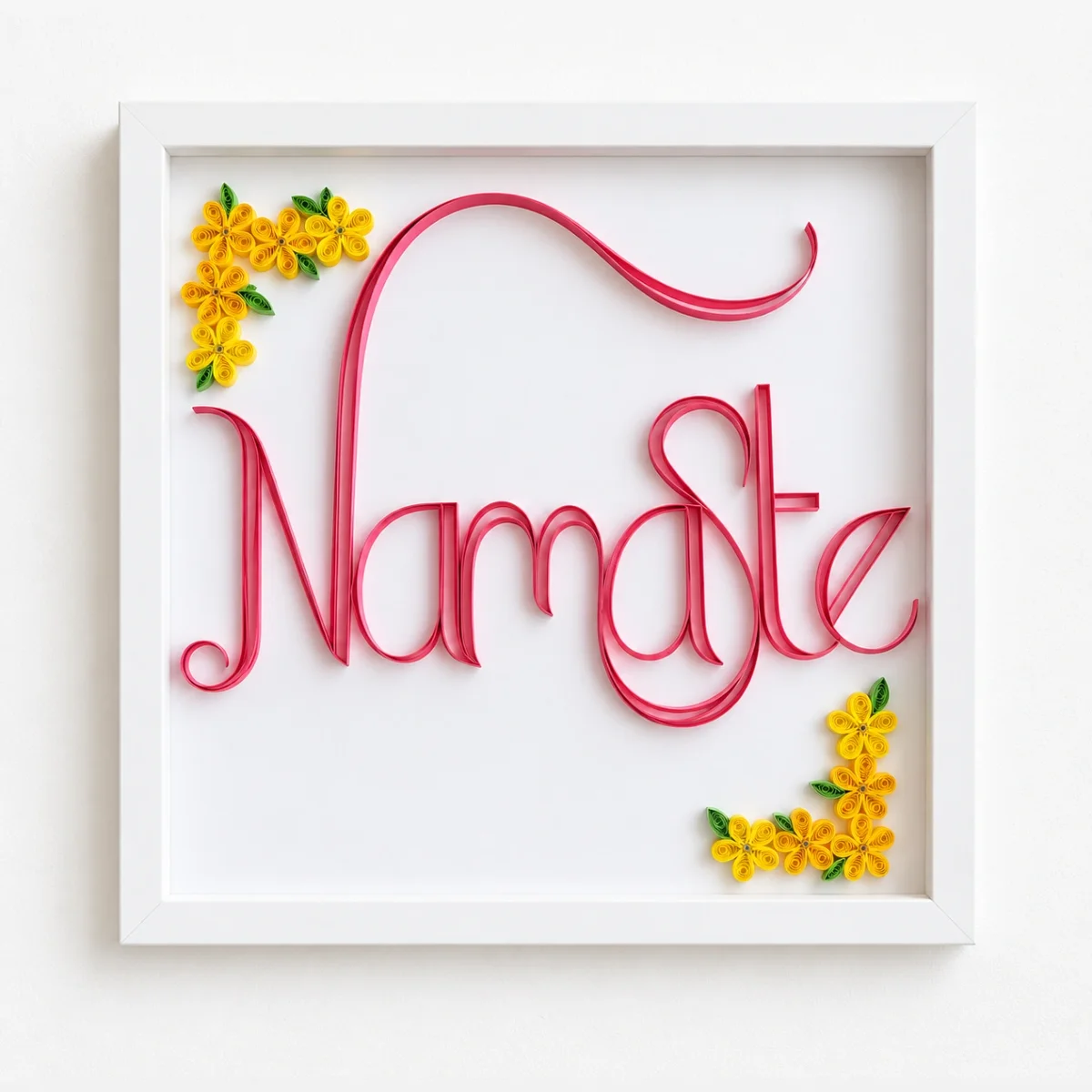 Namaste quilled artwork in a white shadowbox frame