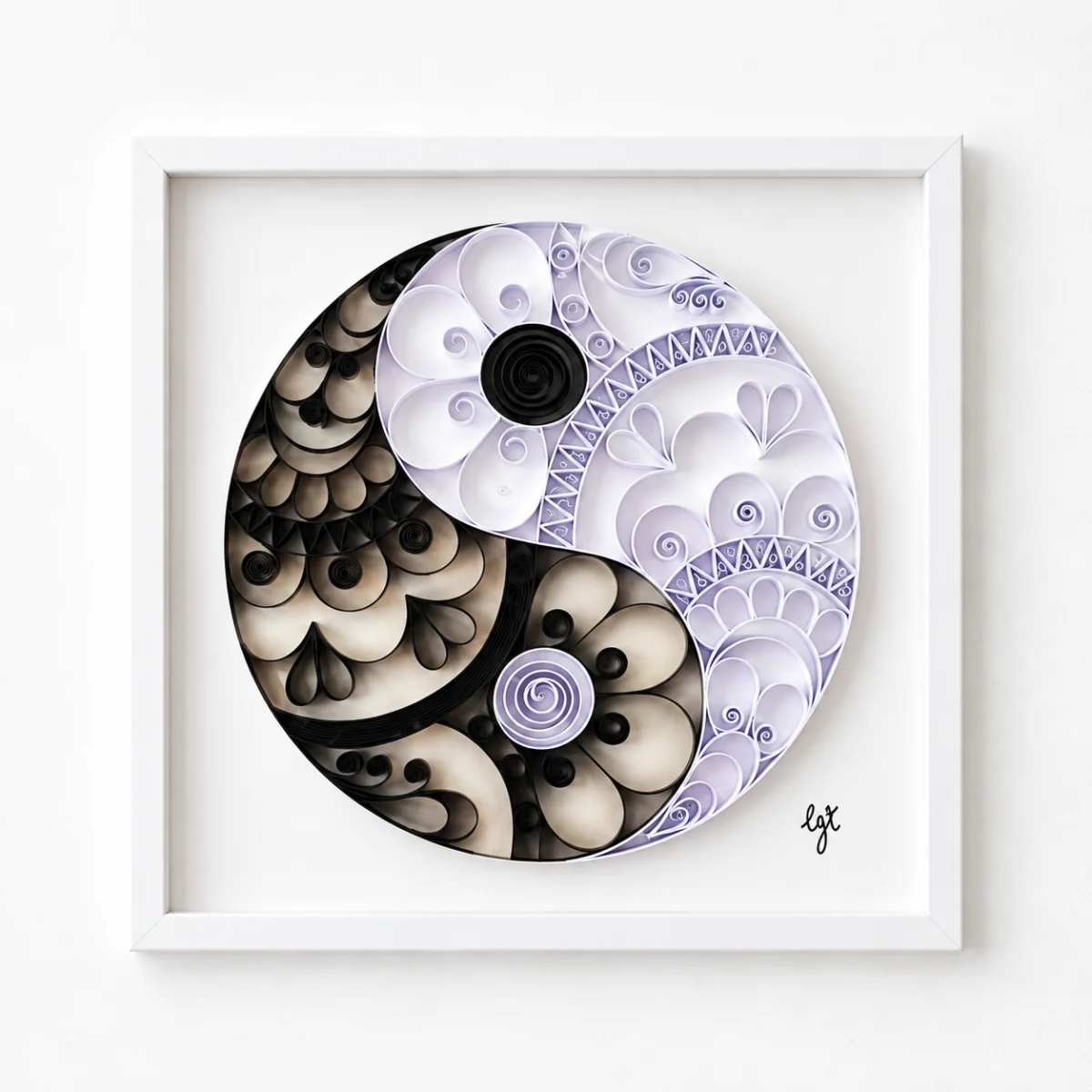 Opposites in Balance quilled yin yang in black and white