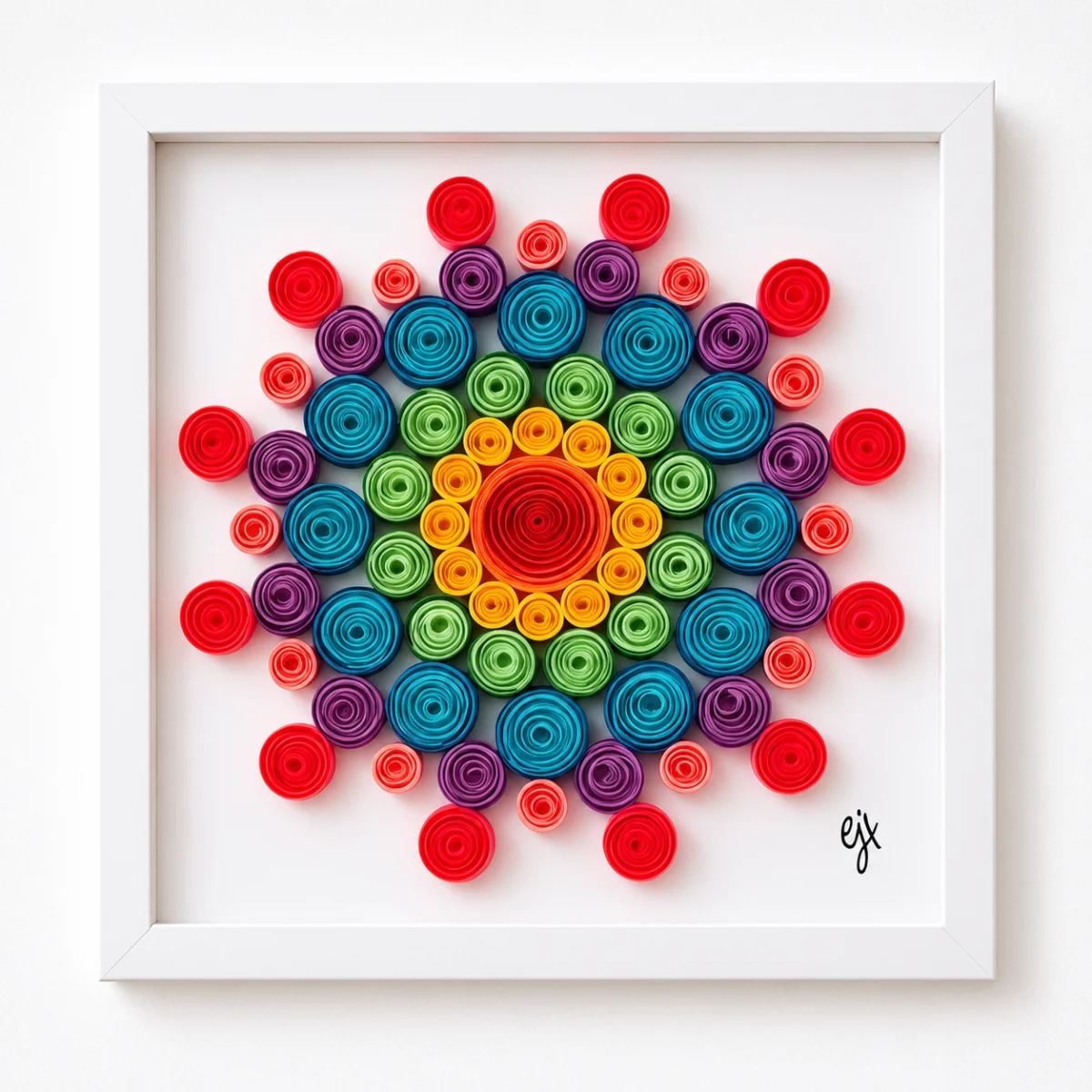 Quilled Mandalas paper quilling artwork in a white shadowbox frame