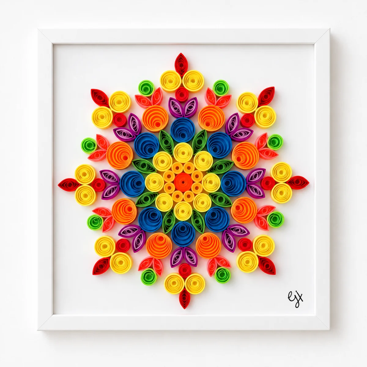 Quilled Mandalas paper quilling artwork in a white shadowbox frame