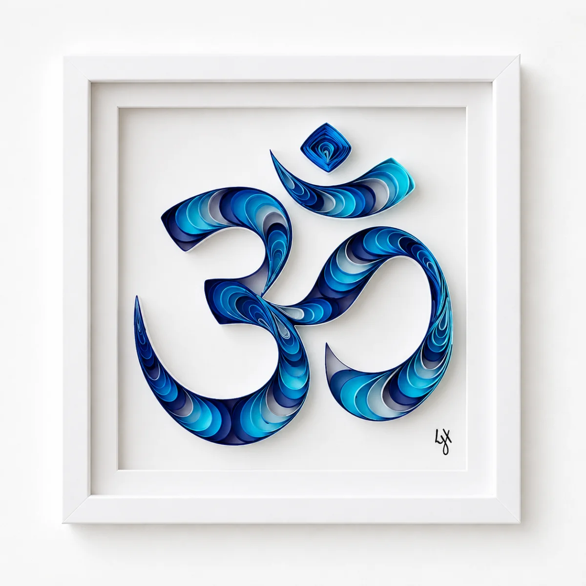 Sacred Aum quilled Om symbol in blue, white shadowbox frame