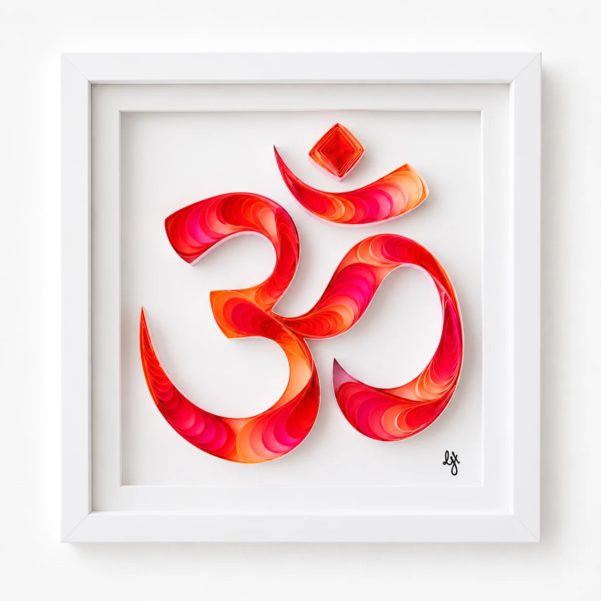Sacred Aum quilled Om symbol in pink, white shadowbox frame