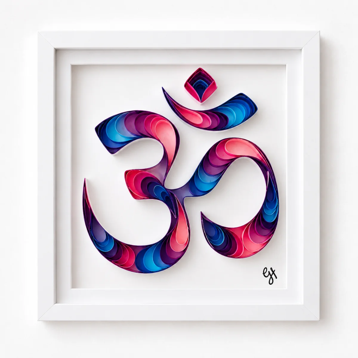 Sacred Aum quilled Om symbol in purple, white shadowbox frame