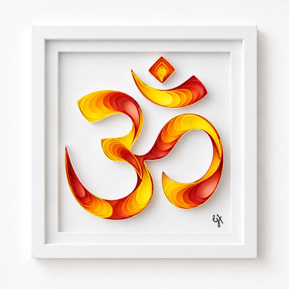Sacred Aum quilled Om symbol in yellow, white shadowbox frame