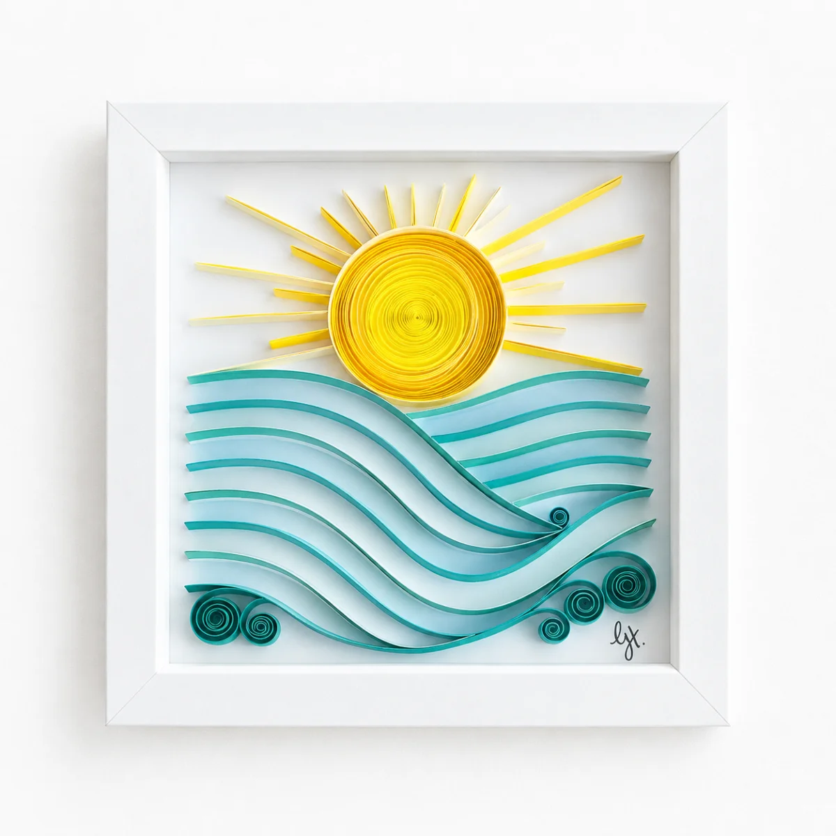 Sun over Rolling Hills quilled landscape in a white shadowbox frame
