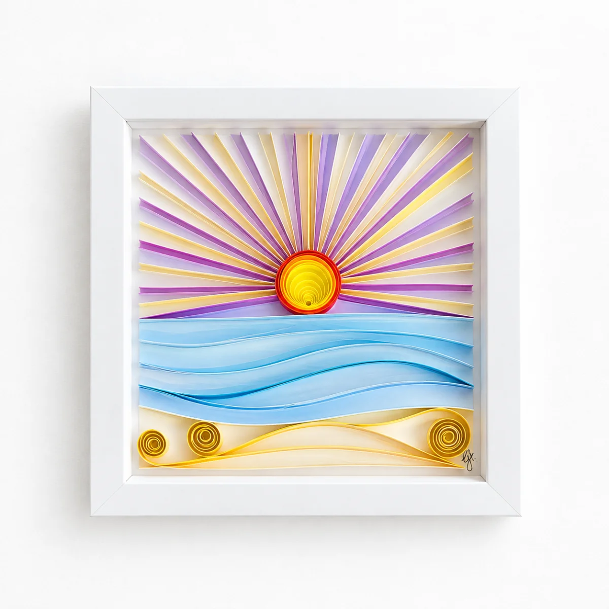 Sunset Seascape quilled sunset over waves in a white shadowbox frame