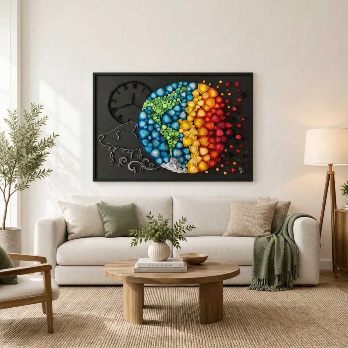 The Vanishing quilled earth artwork hanging above a sofa